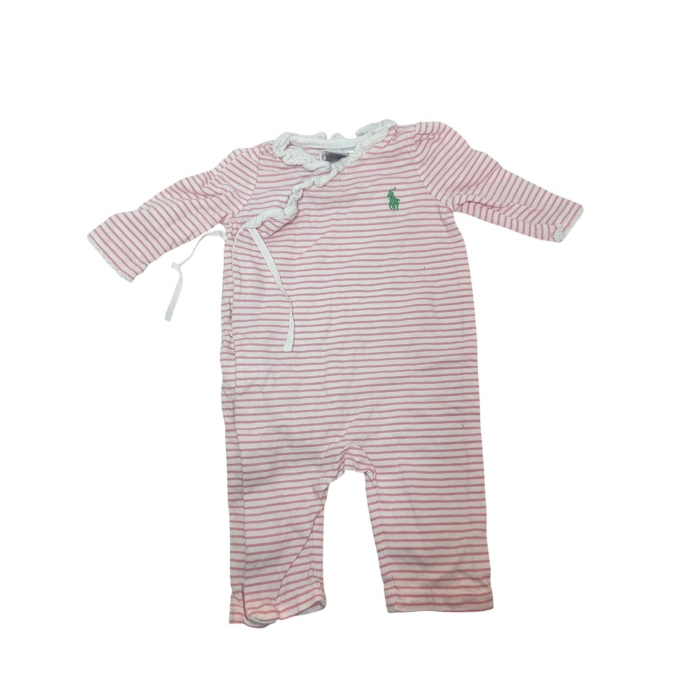 Ralph Lauren Baby Girls Pink White Striped Ruffle Wrap Coverall 3M